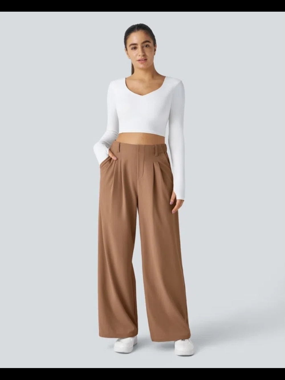 Halara Flex High Waisted Wide Leg Waffle Work Pants Women Tan Small Pleated #063